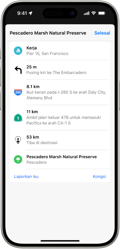 Arah laluan pusingan demi pusingan ditunjukkan dalam senarai.
