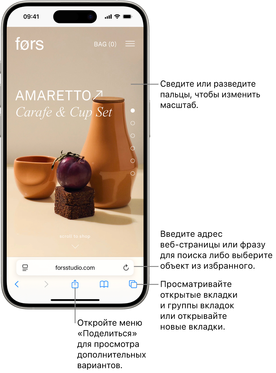 Сайт, открытый в Safari, с полем адреса внизу экрана. Внизу экрана слева направо расположены кнопки «Назад», «Вперед», «Поделиться», «Закладки» и «Вкладки».