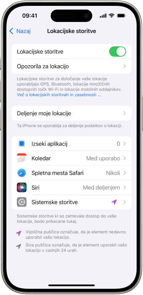 Zaslon Lokacijske storitve z nastavitvami deljenja lokacije vašega iPhona z aplikacijami.