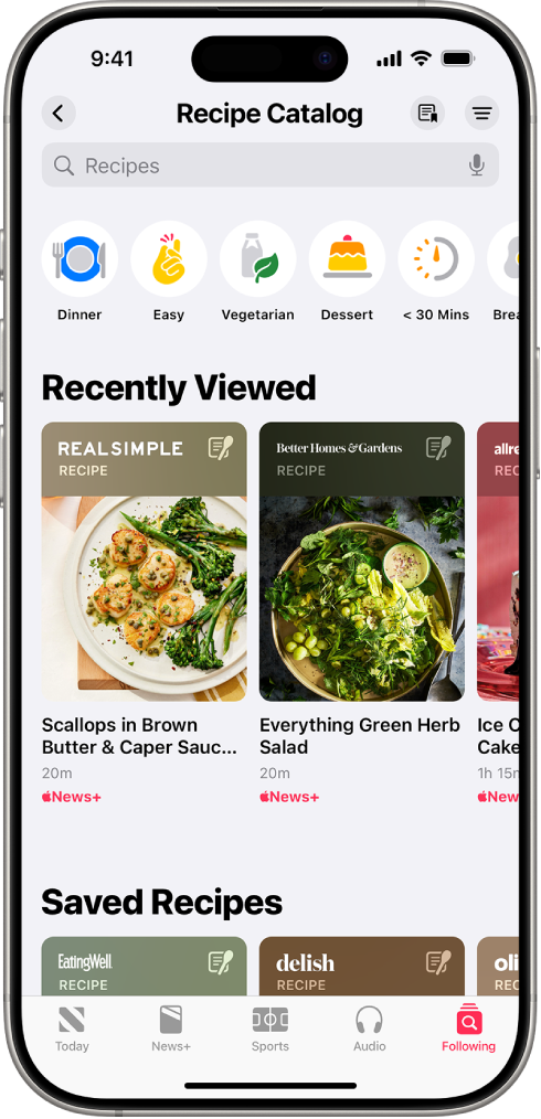 Претрага рецепата у услузи Apple News+.