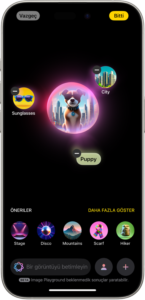 Image Playground uygulaması penceresinde; oluşturulmuş, güneş gözlüğü takan bir köpeğin görüntüsü gösteriliyor.