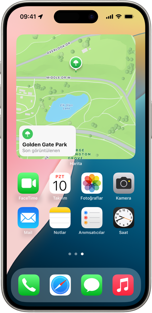 Bir iPhone ana ekranında Harita araç takımı, diğer araç takımları ve uygulama simgeleri.