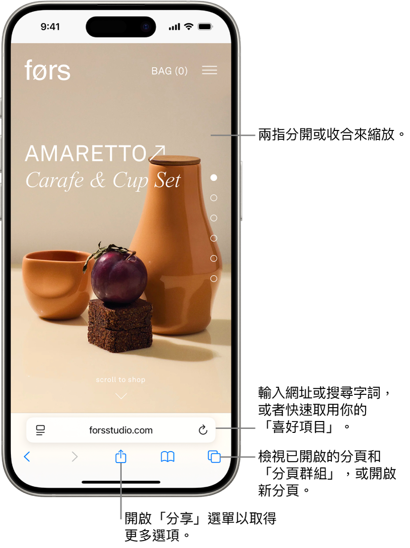 在 Safari 中開啟一個網站,網址欄位在底部。螢幕底部從左到右依序是:「上一頁」、「下一頁」、「分享」、「書籤」和「分頁」按鈕。